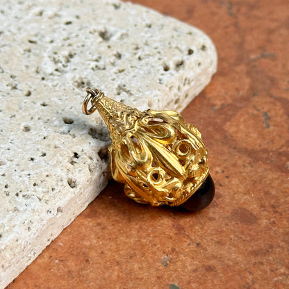 Estate 14KT Yellow Gold Byzantine Garnet Detailed Drop Pendant