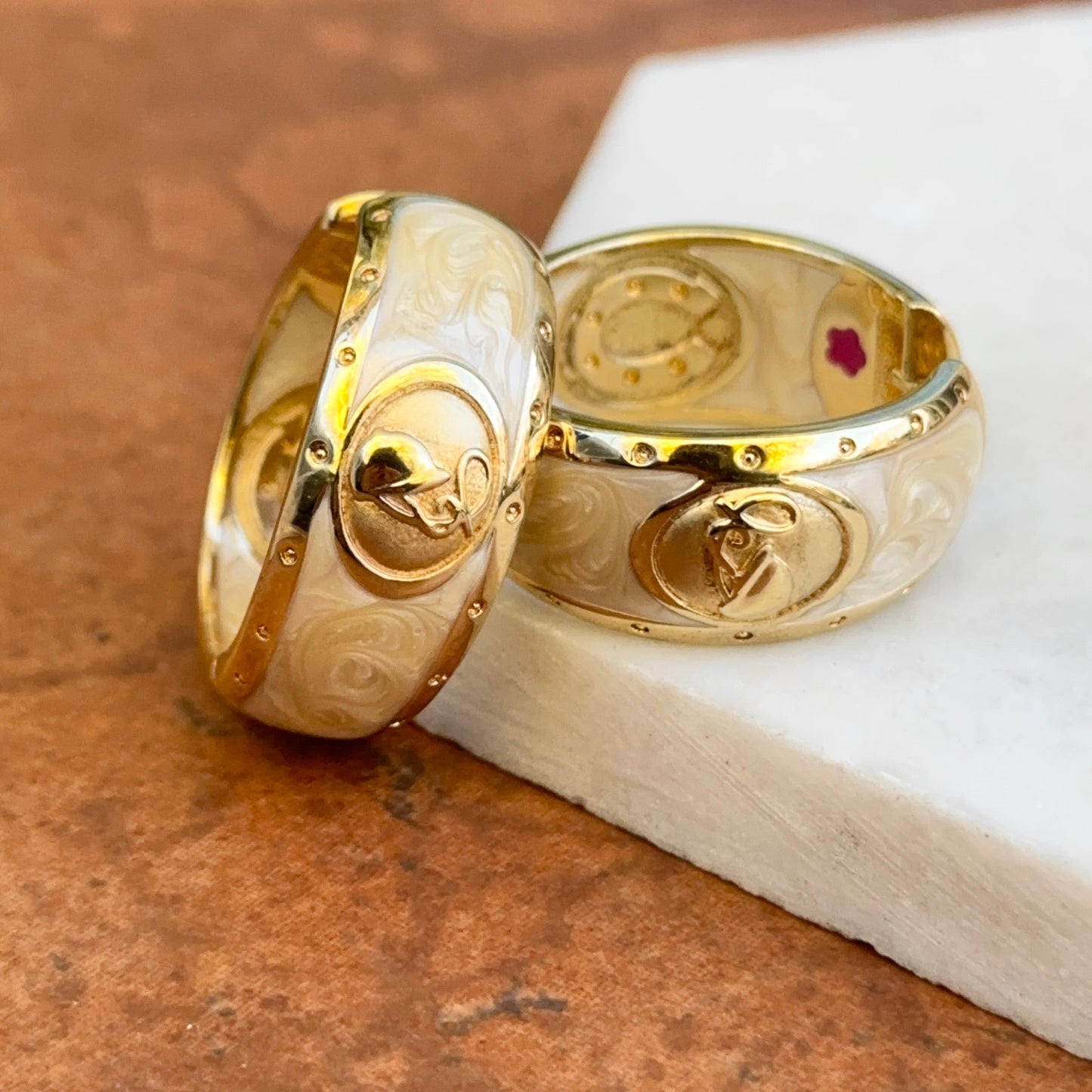 18K Yellow Gold-Plated Brass Equestrian Marbled Cream Enamel Hoop Earrings