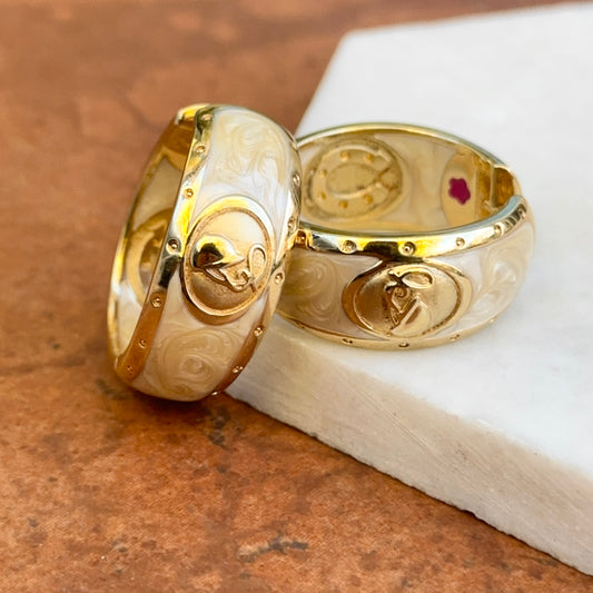 18K Yellow Gold-Plated Brass Equestrian Marbled Cream Enamel Hoop Earrings