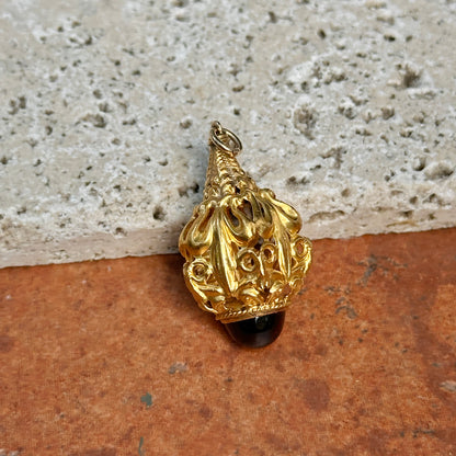 Estate 14KT Yellow Gold Byzantine Garnet Detailed Drop Pendant