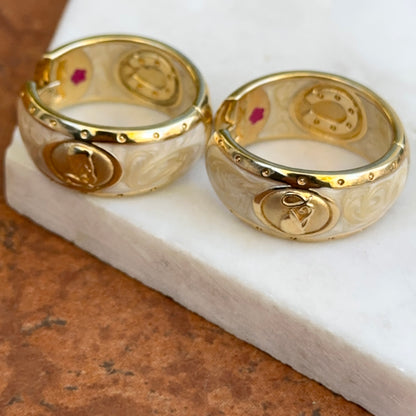 18K Yellow Gold-Plated Brass Equestrian Marbled Cream Enamel Hoop Earrings