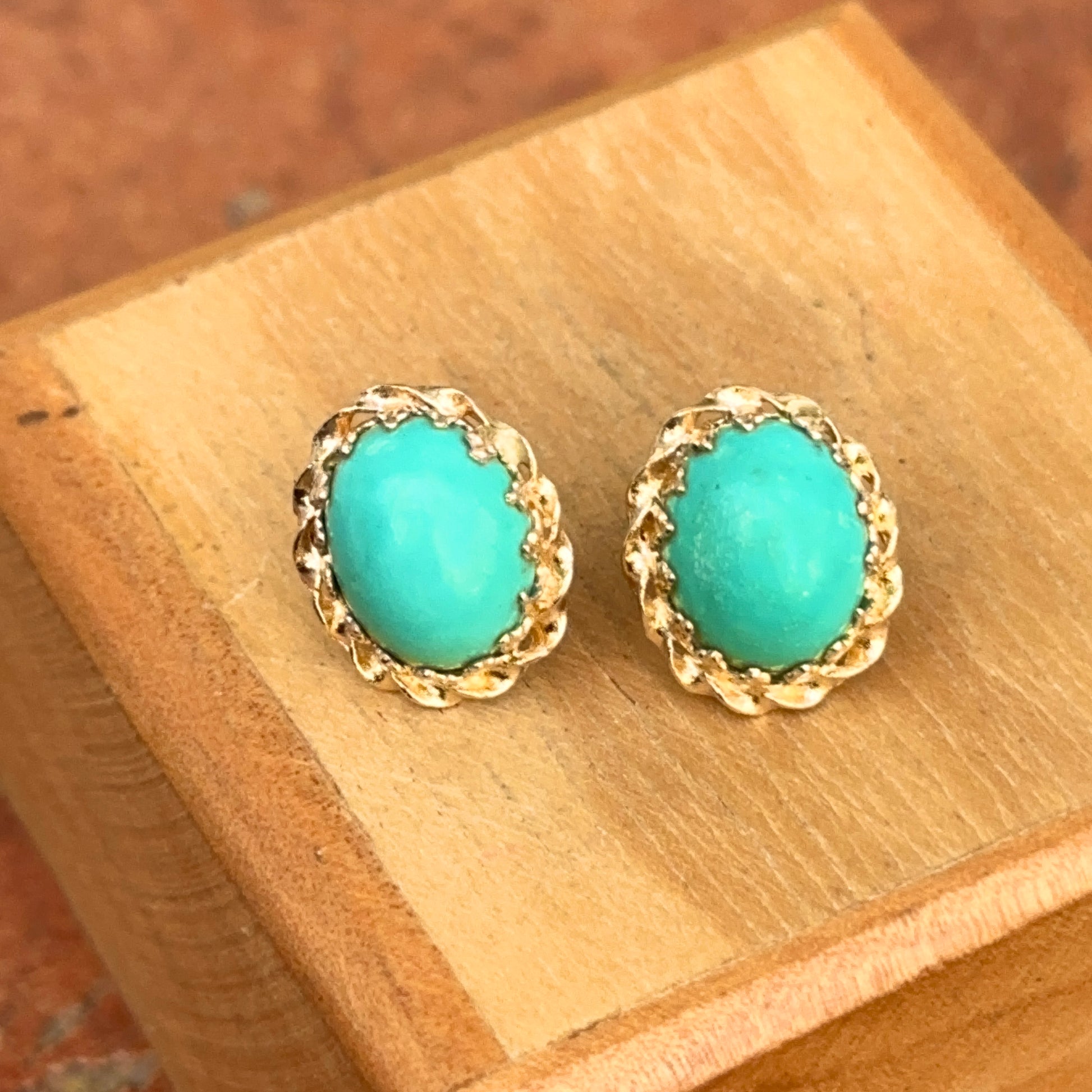 Estate 14KT Yellow Gold Oval Turquoise Twisted Setting Stud Earrings - LSJ