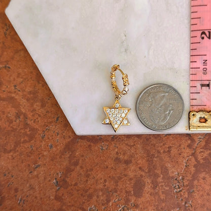 18K Yellow Gold-Plated Brass Round CZ White Enamel Star of David Dangle Huggie Earrings