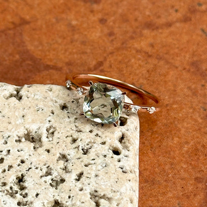 Estate 14KT Rose Gold Cushion Green Amethyst + Diamond Band Ring