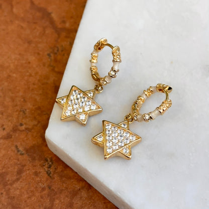 18K Yellow Gold-Plated Brass Round CZ White Enamel Star of David Dangle Huggie Earrings