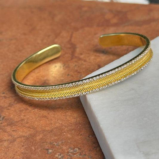 Estate 18KT Yellow Gold Matte Diamond Cuff Bangle Bracelet