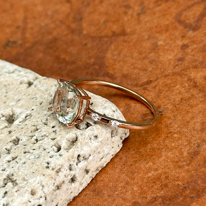 Estate 14KT Rose Gold Cushion Green Amethyst + Diamond Band Ring