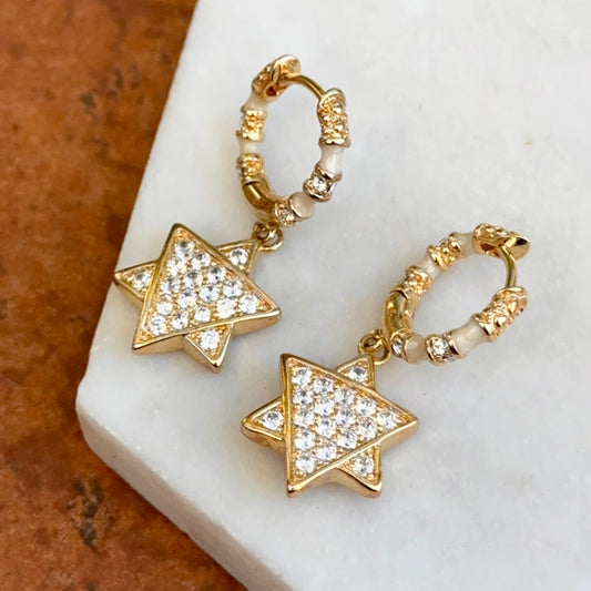 18K Yellow Gold-Plated Brass Round CZ White Enamel Star of David Dangle Huggie Earrings