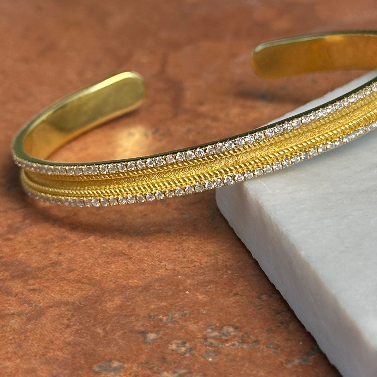 Estate 18KT Yellow Gold Matte Diamond Cuff Bangle Bracelet