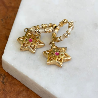 18K Yellow Gold-Plated Brass Round CZ White Enamel Star of David Dangle Huggie Earrings