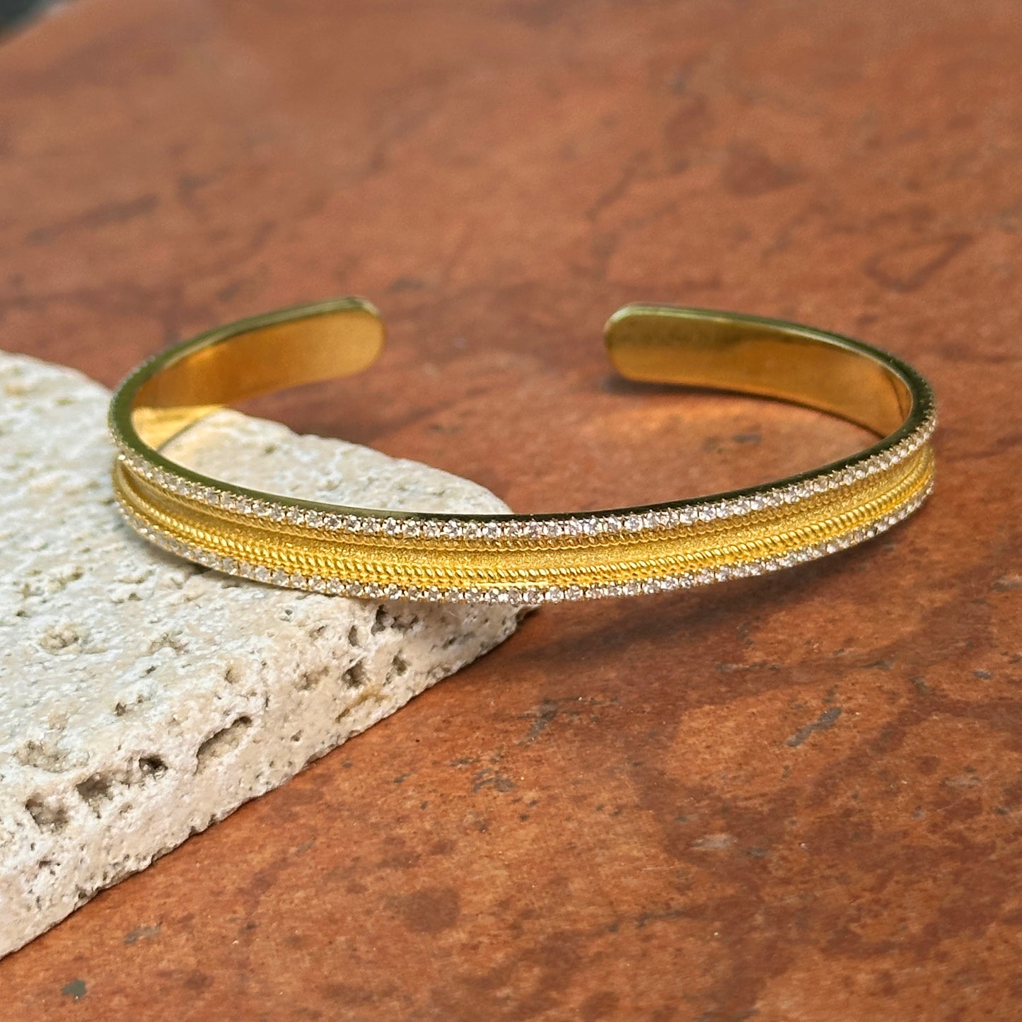 Estate 18KT Yellow Gold Matte Diamond Cuff Bangle Bracelet