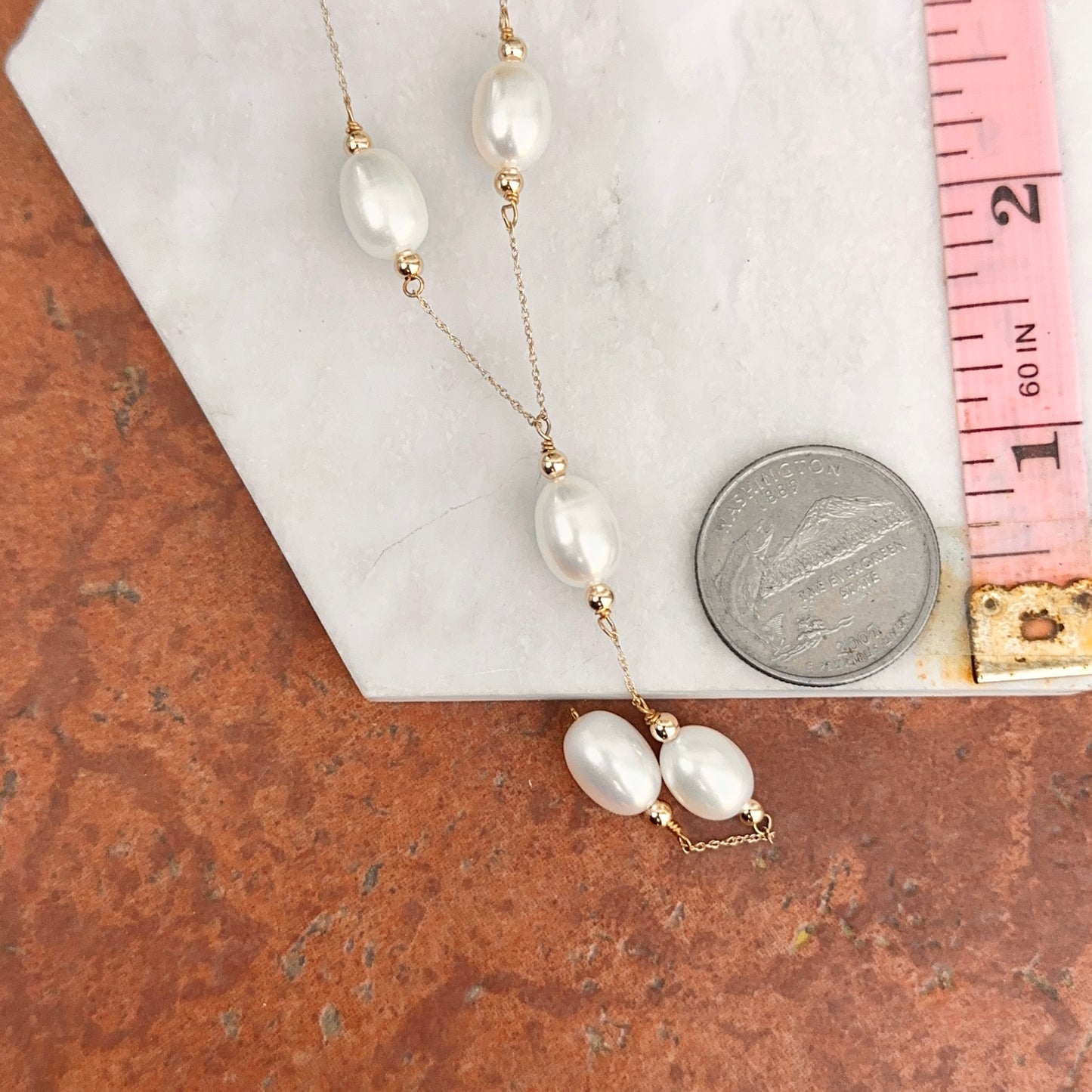 14KT Yellow Gold Oval Freshwater Pearl Lariat Chain Necklace - LSJ