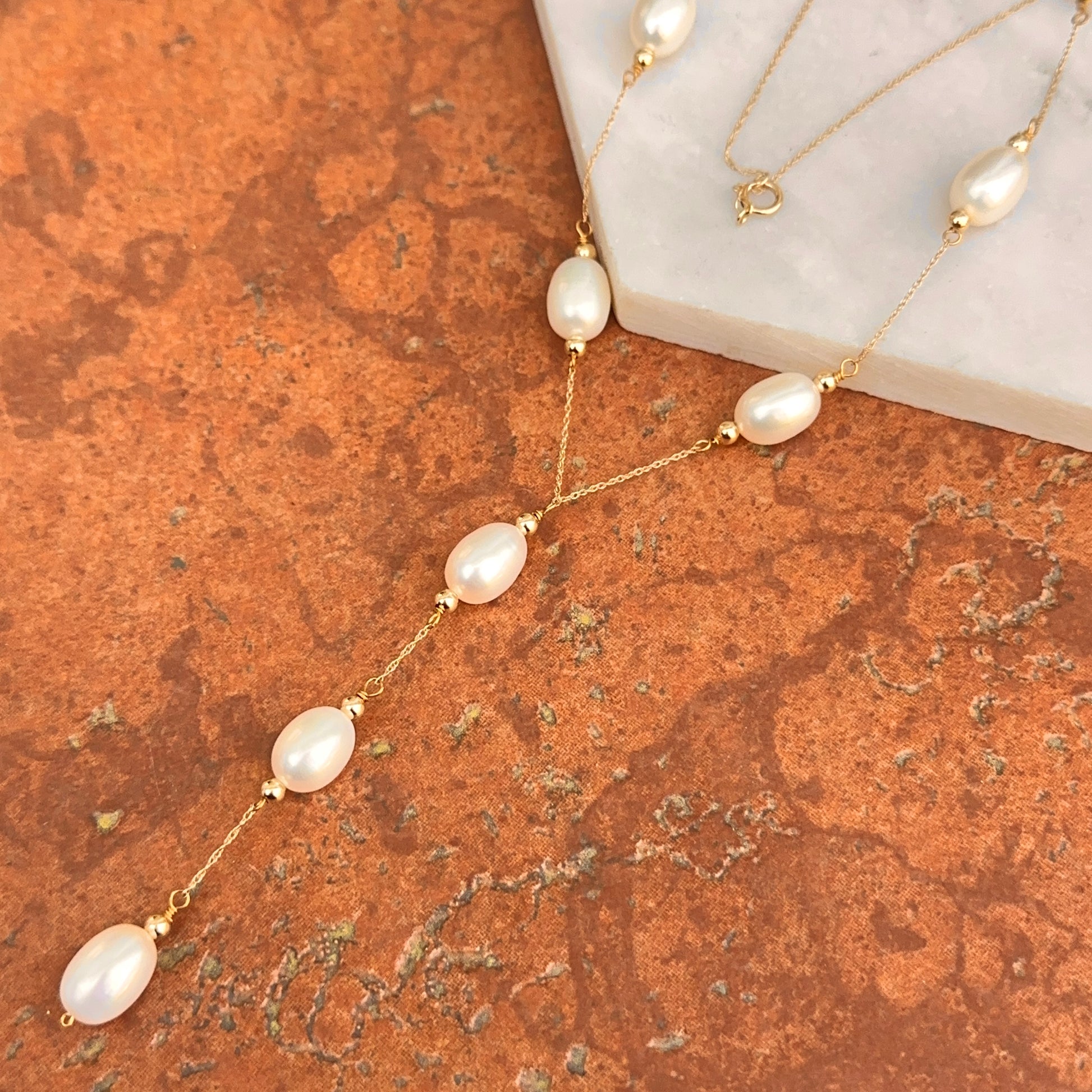 14KT Yellow Gold Oval Freshwater Pearl Lariat Chain Necklace - LSJ