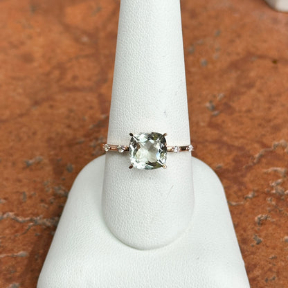 Estate 14KT Rose Gold Cushion Green Amethyst + Diamond Band Ring