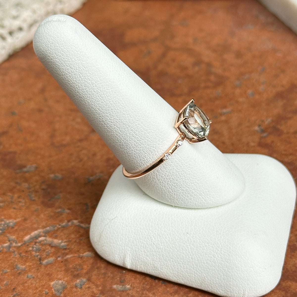 Estate 14KT Rose Gold Cushion Green Amethyst + Diamond Band Ring