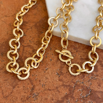 Yellow Gold-Plated Round Beaded + Oval Link Matte Toggle Necklace 29.5''