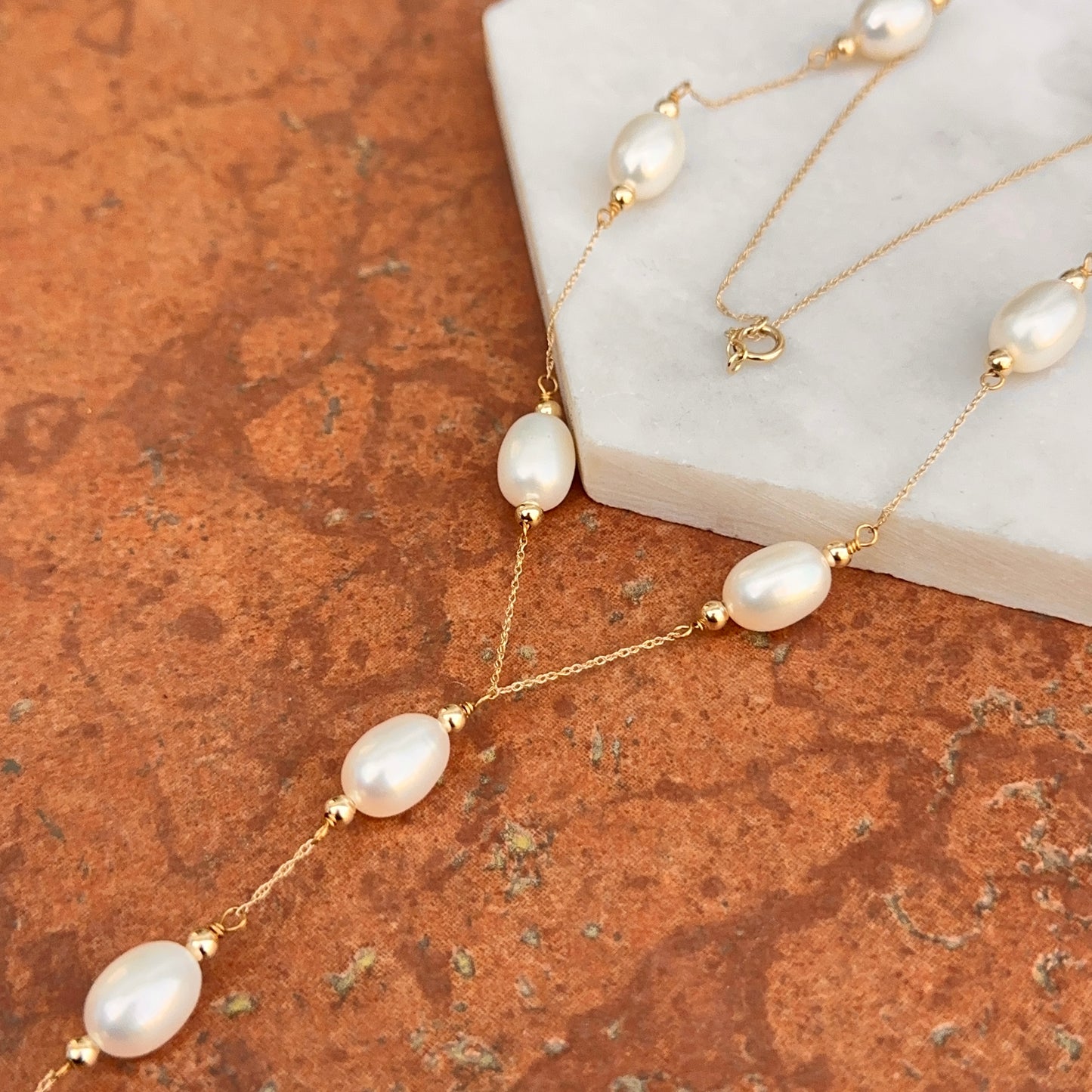 14KT Yellow Gold Oval Freshwater Pearl Lariat Chain Necklace - LSJ