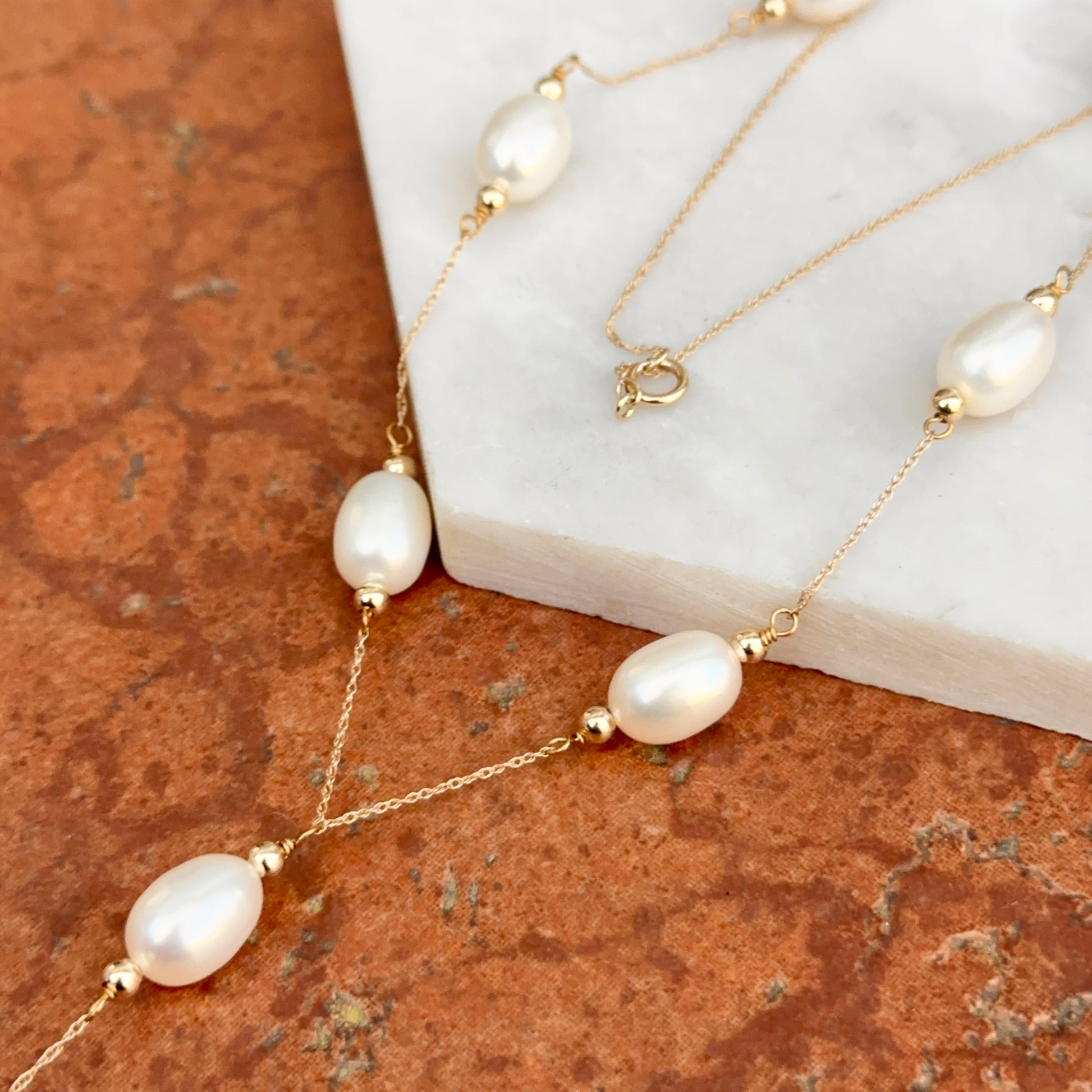14KT Yellow Gold Oval Freshwater Pearl Lariat Chain Necklace - LSJ