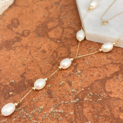 14KT Yellow Gold Oval Freshwater Pearl Lariat Chain Necklace - LSJ