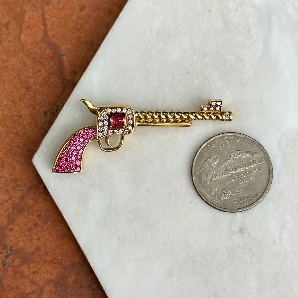 Estate 18KT Yellow Gold Ruby + Diamond Pistol Pendant