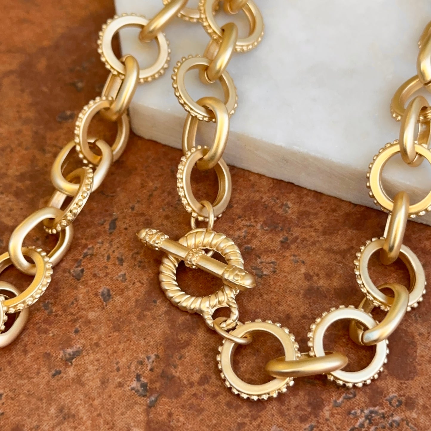 Yellow Gold-Plated Round Beaded + Oval Link Matte Toggle Necklace 29.5''