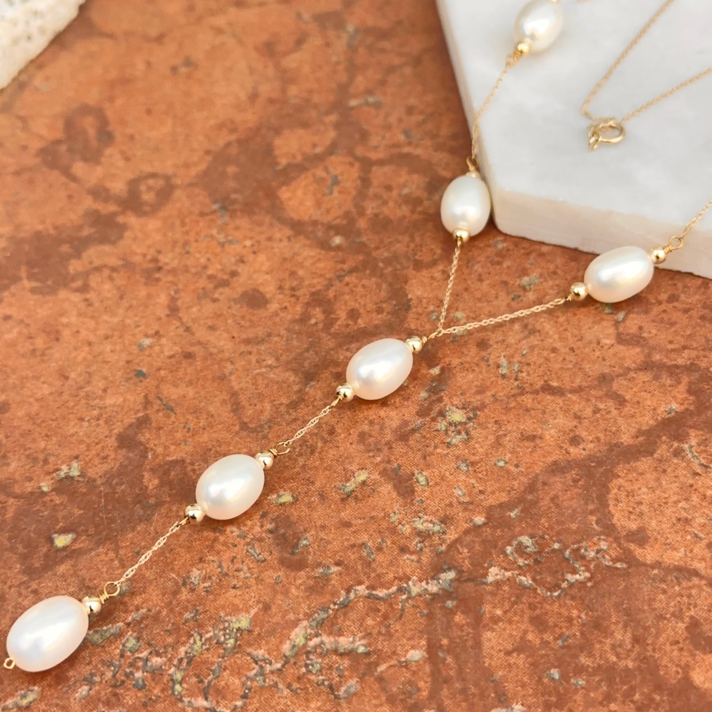 14KT Yellow Gold Oval Freshwater Pearl Lariat Chain Necklace - LSJ