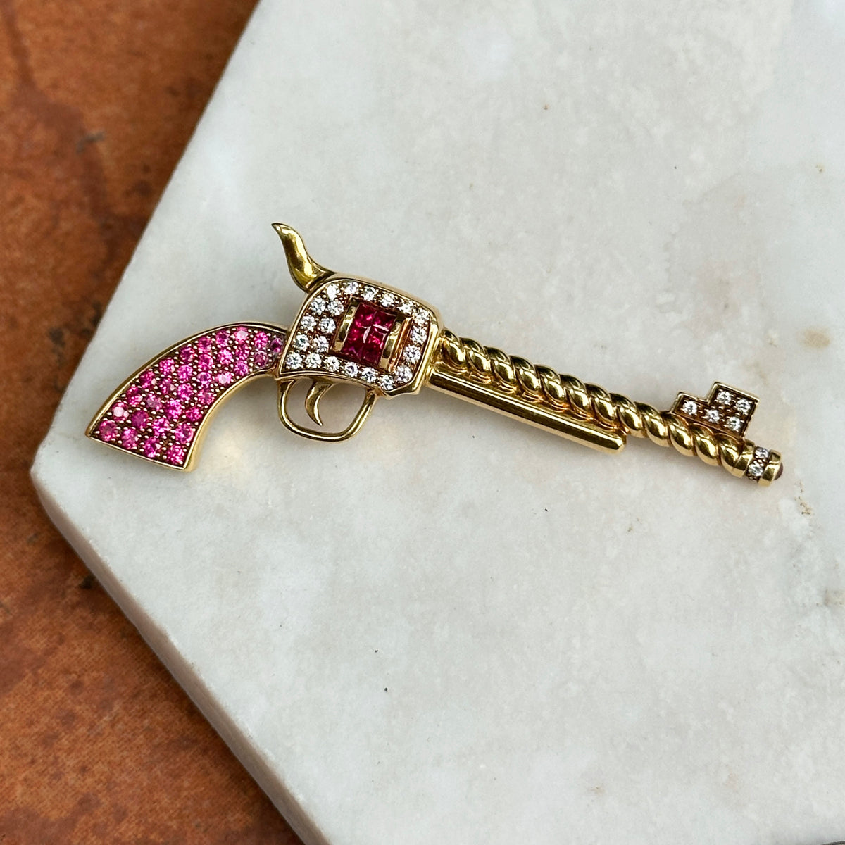 Estate 18KT Yellow Gold Ruby + Diamond Pistol Pendant