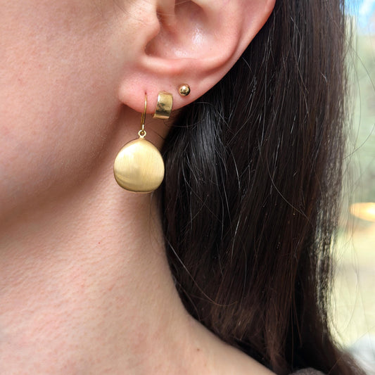 14KT Yellow Gold Matte Brushed Teardrop Disc Dangle Wire Earrings - LSJ