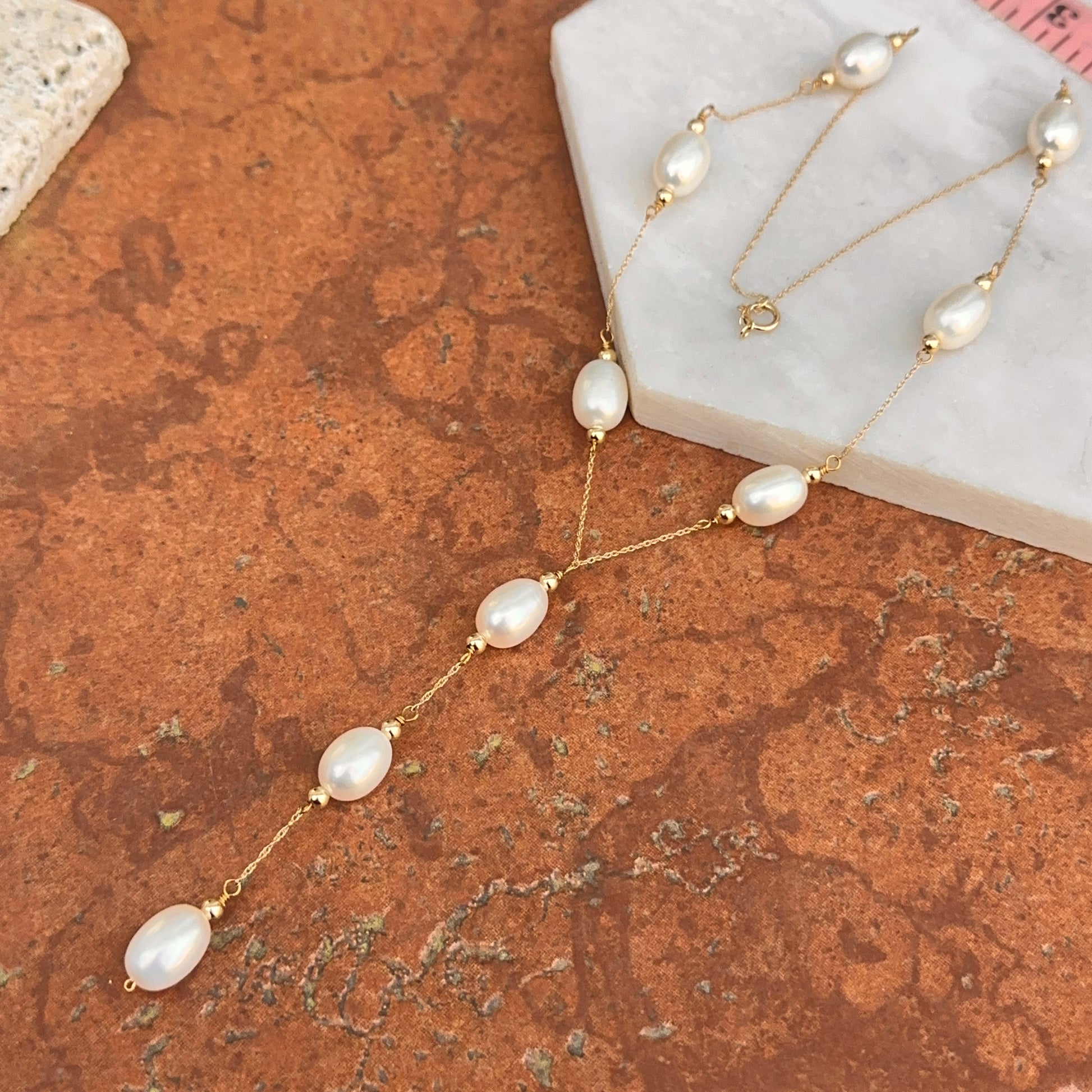 14KT Yellow Gold Oval Freshwater Pearl Lariat Chain Necklace - LSJ