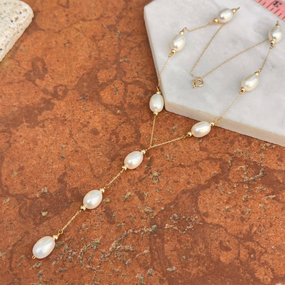 14KT Yellow Gold Oval Freshwater Pearl Lariat Chain Necklace - LSJ