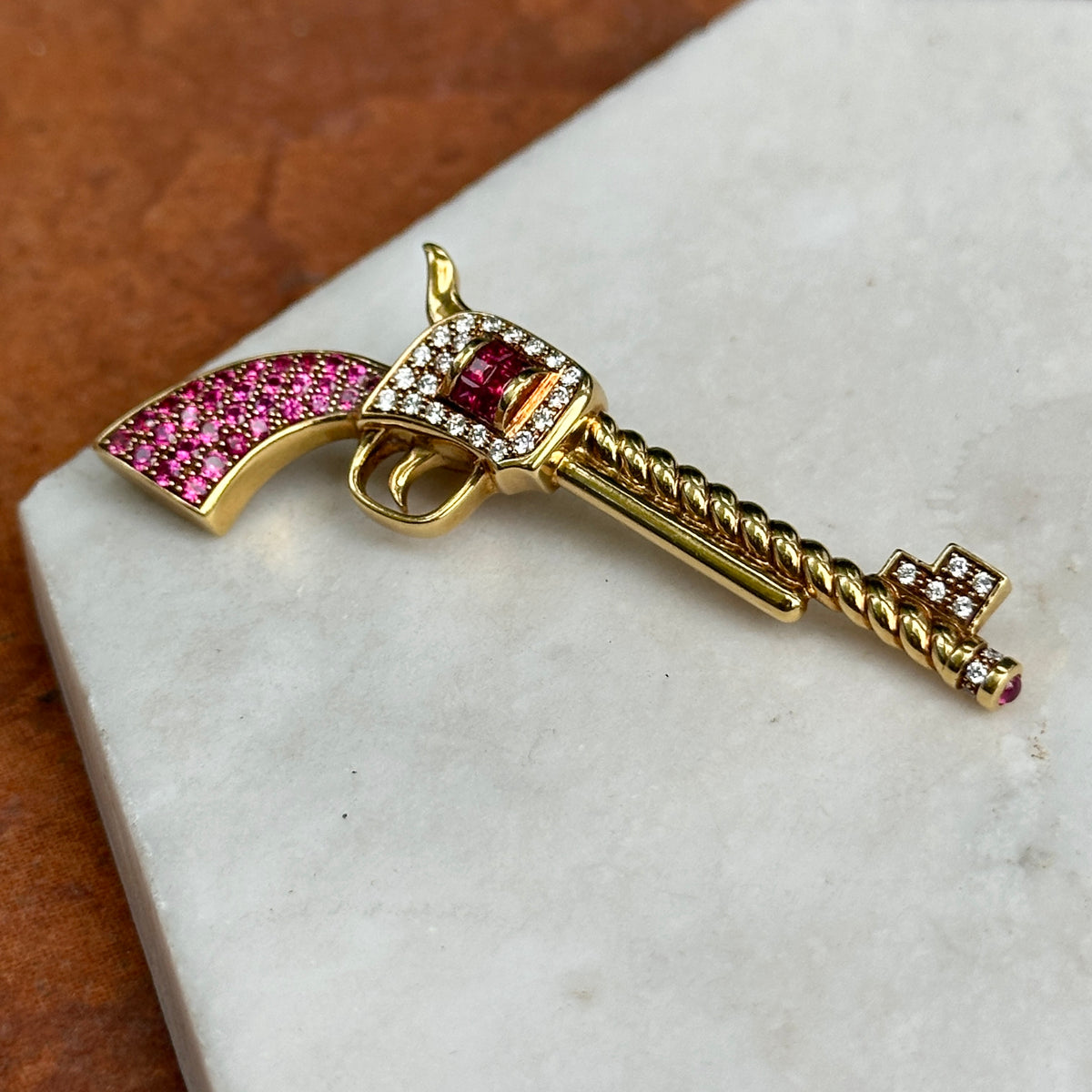 Estate 18KT Yellow Gold Ruby + Diamond Pistol Pendant