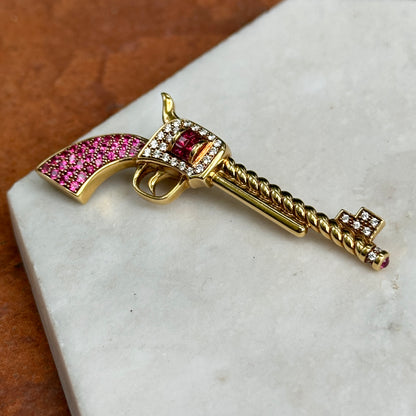 Estate 18KT Yellow Gold Ruby + Diamond Pistol Pendant