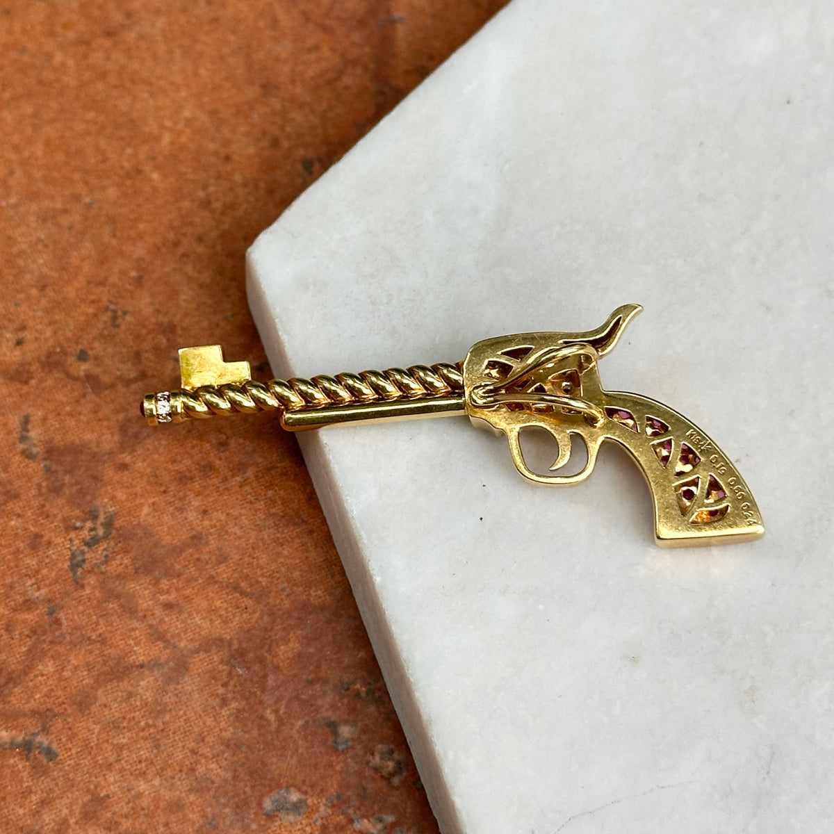 Estate 18KT Yellow Gold Ruby + Diamond Pistol Pendant