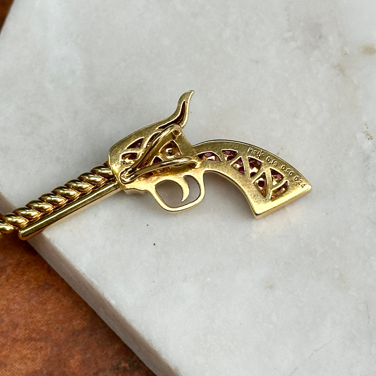 Estate 18KT Yellow Gold Ruby + Diamond Pistol Pendant