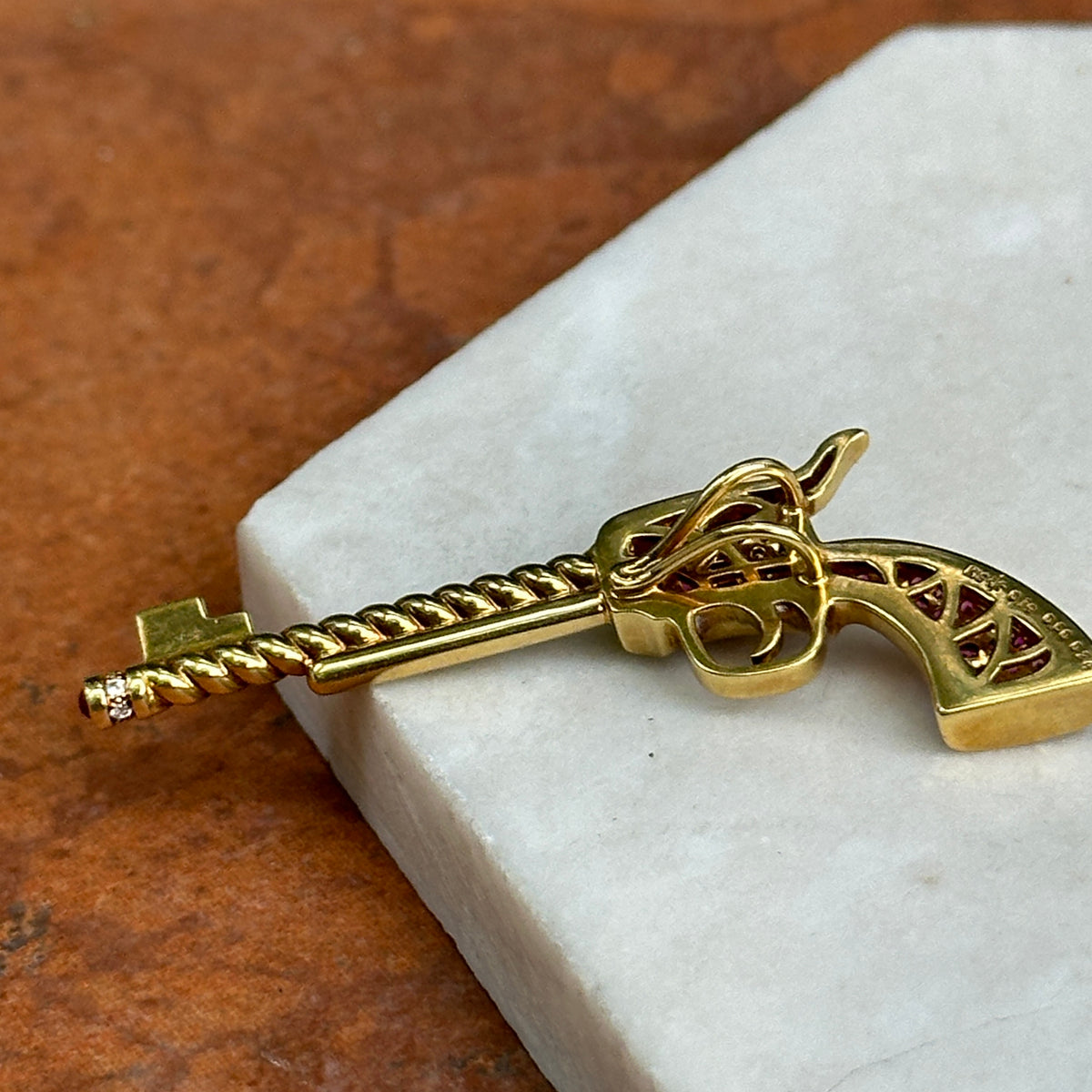Estate 18KT Yellow Gold Ruby + Diamond Pistol Pendant