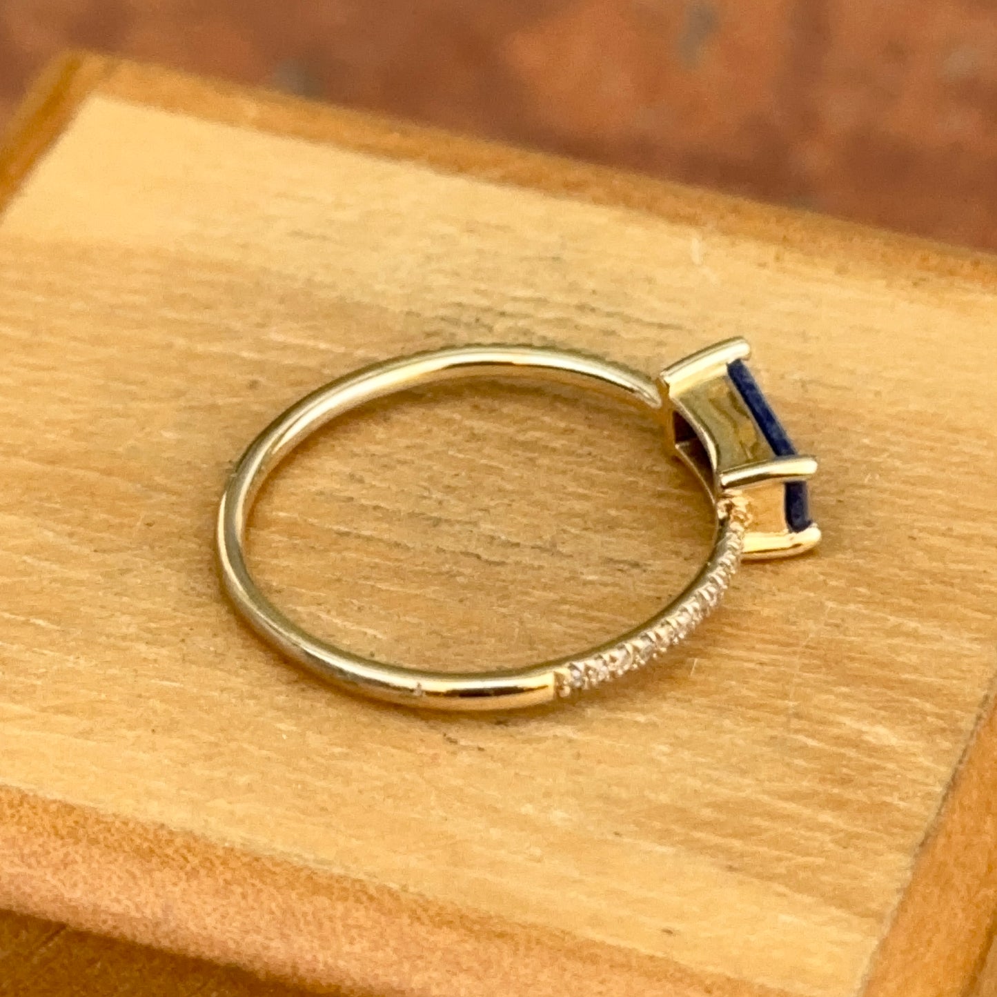 14KT Yellow Gold Rectangle Lapis + Diamond Band Ring