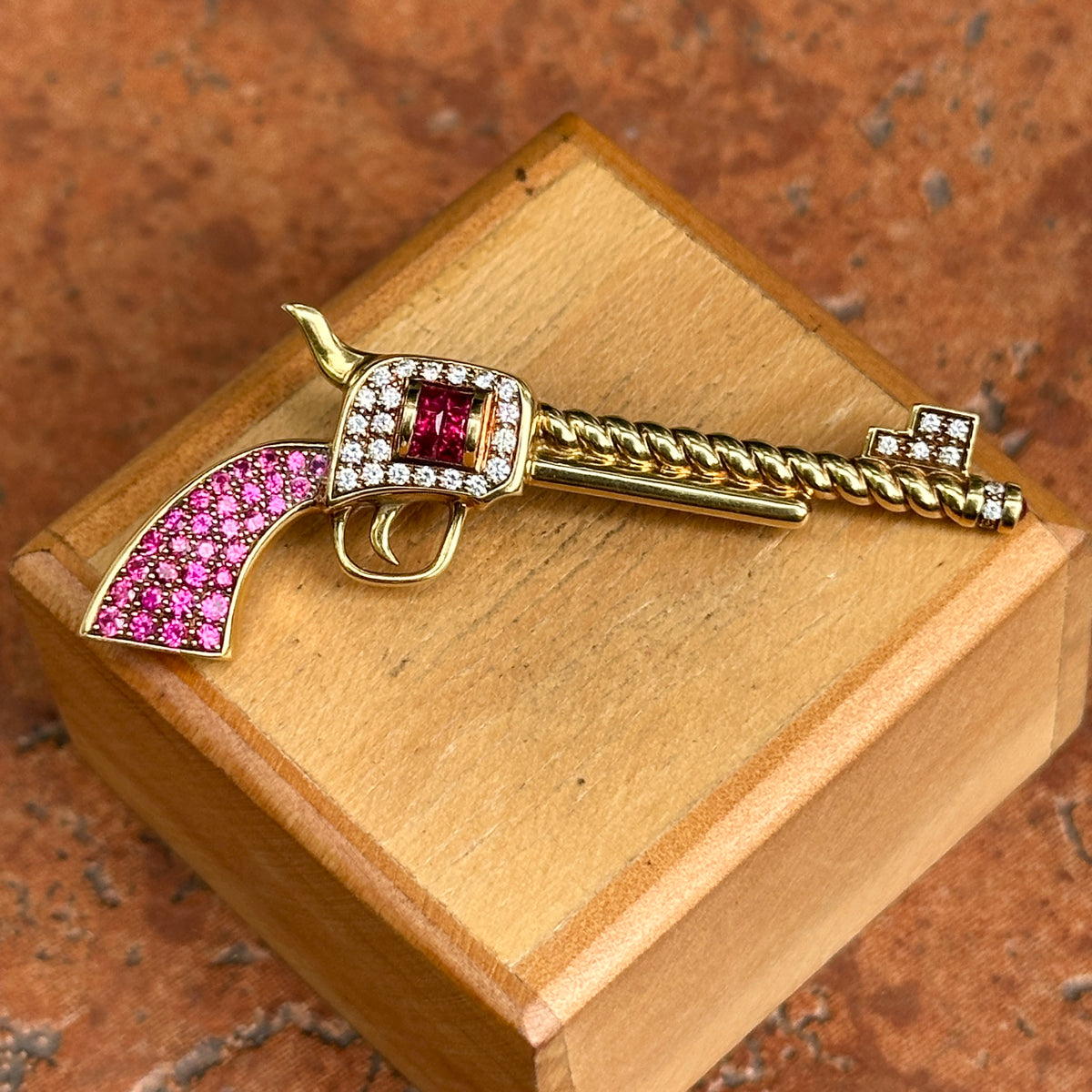 Estate 18KT Yellow Gold Ruby + Diamond Pistol Pendant