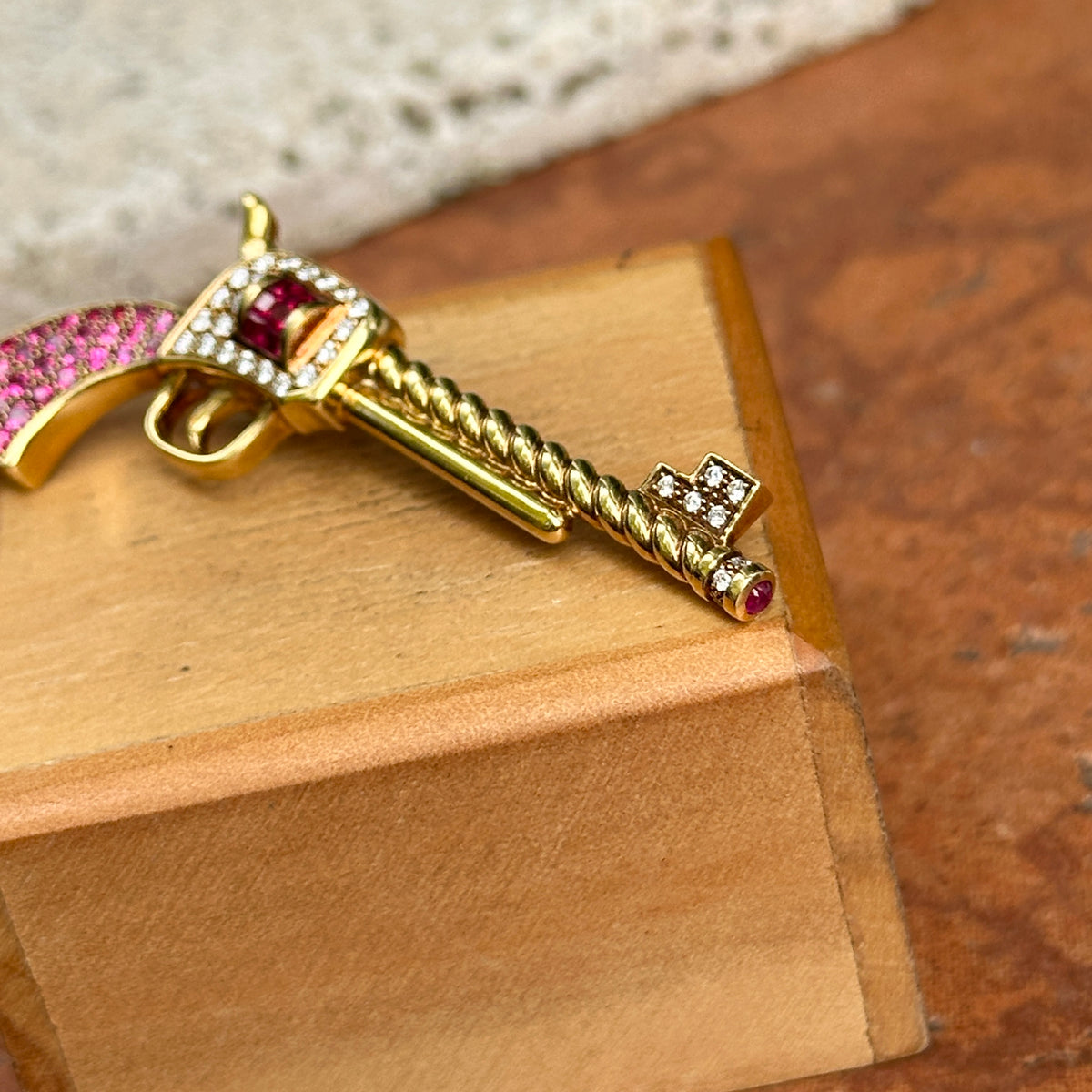 Estate 18KT Yellow Gold Ruby + Diamond Pistol Pendant