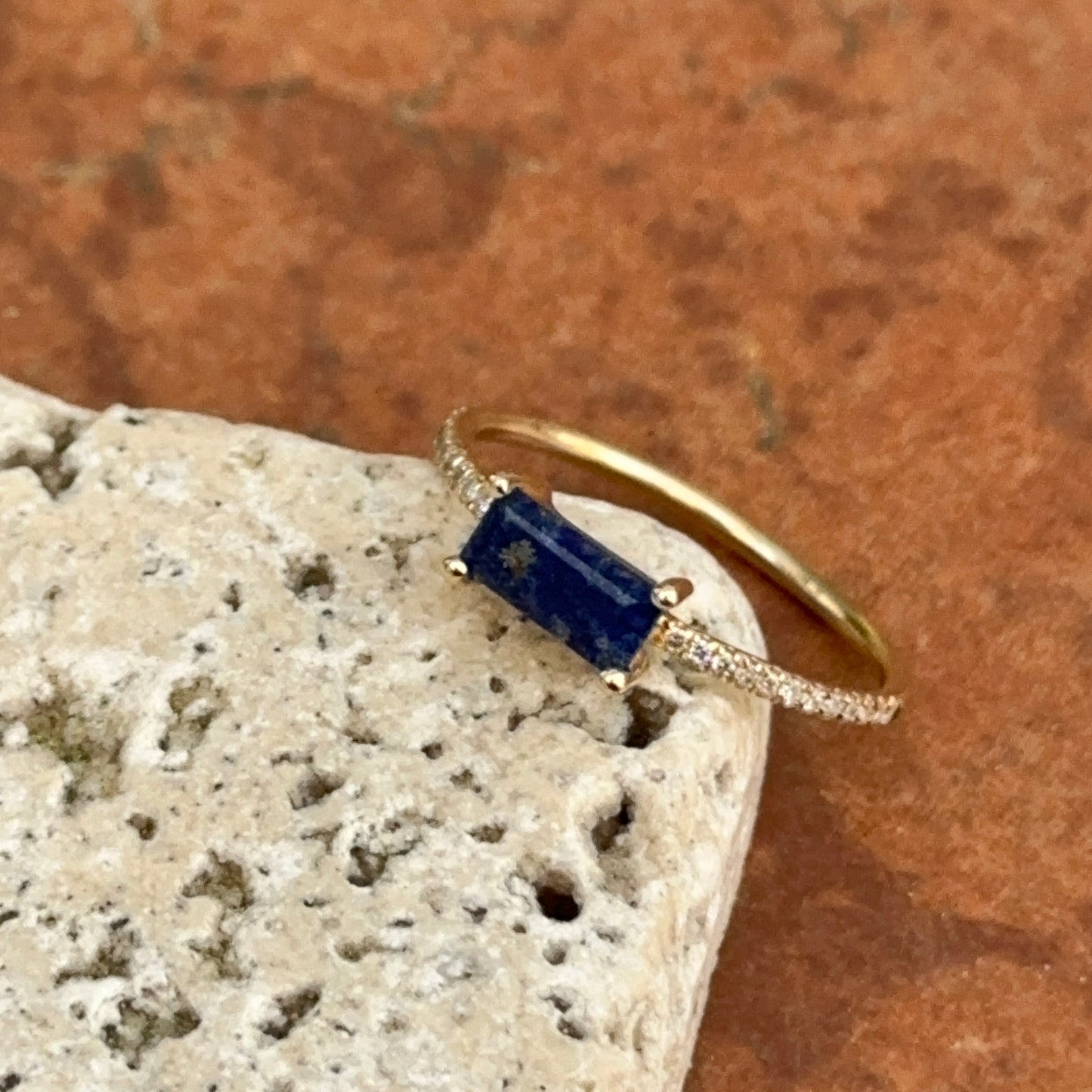 14KT Yellow Gold Rectangle Lapis + Diamond Band Ring