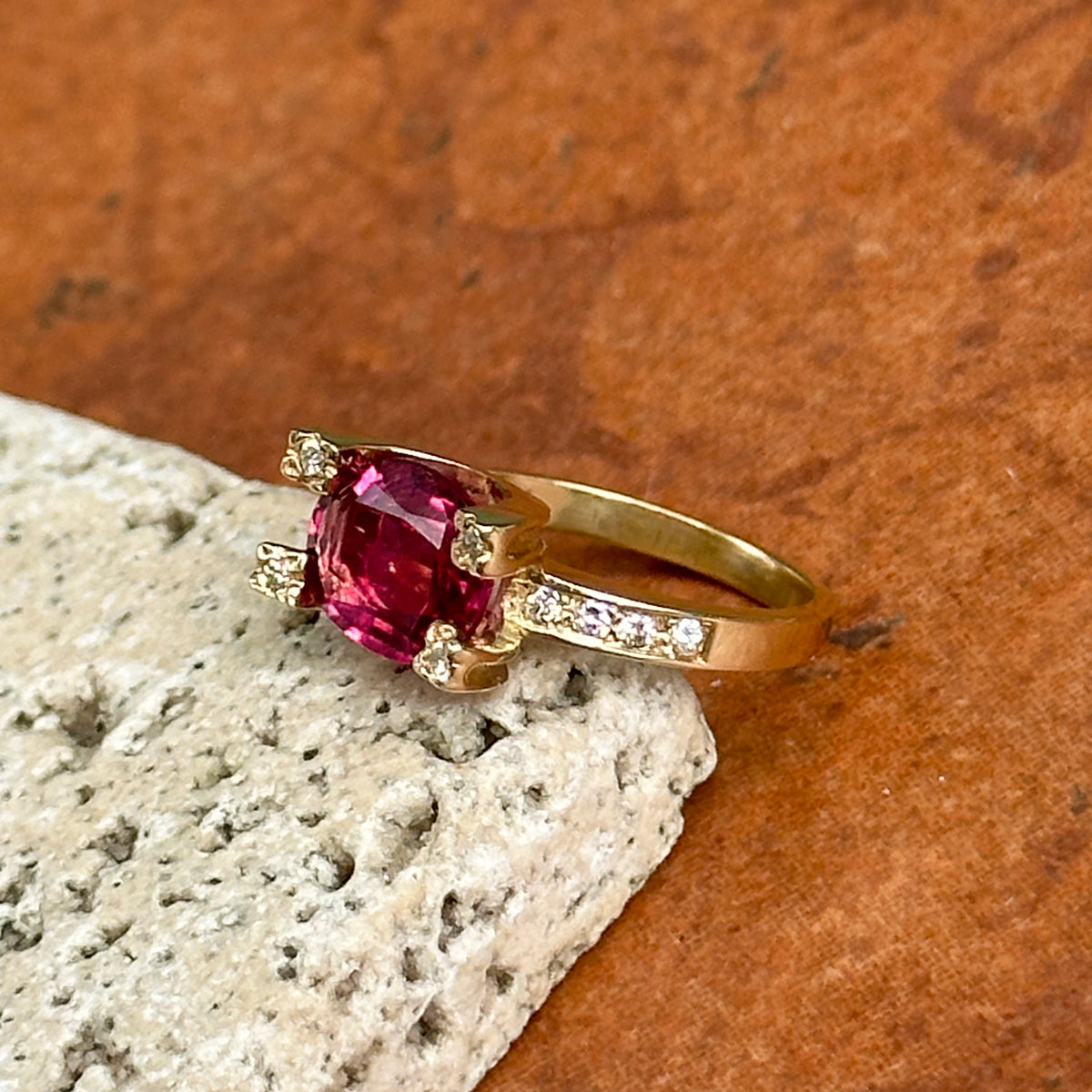 Estate 14KT Yellow Gold Oval 3 CT Pink Tourmaline + Diamond Ring