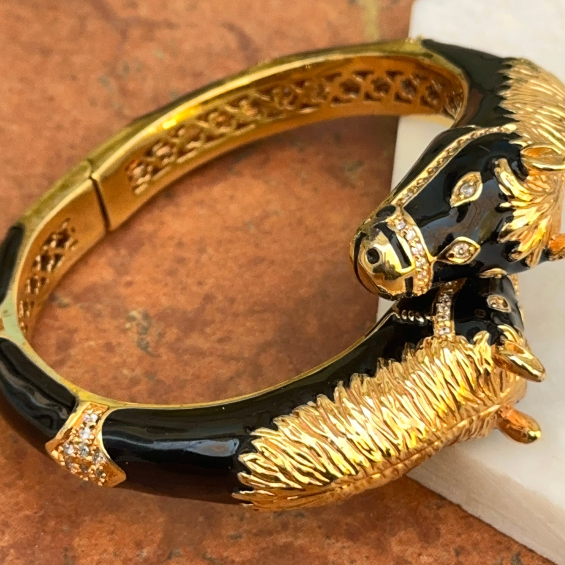 Estate Gold-Tone Black Enamel Double Horse Head Bracelet - LSJ
