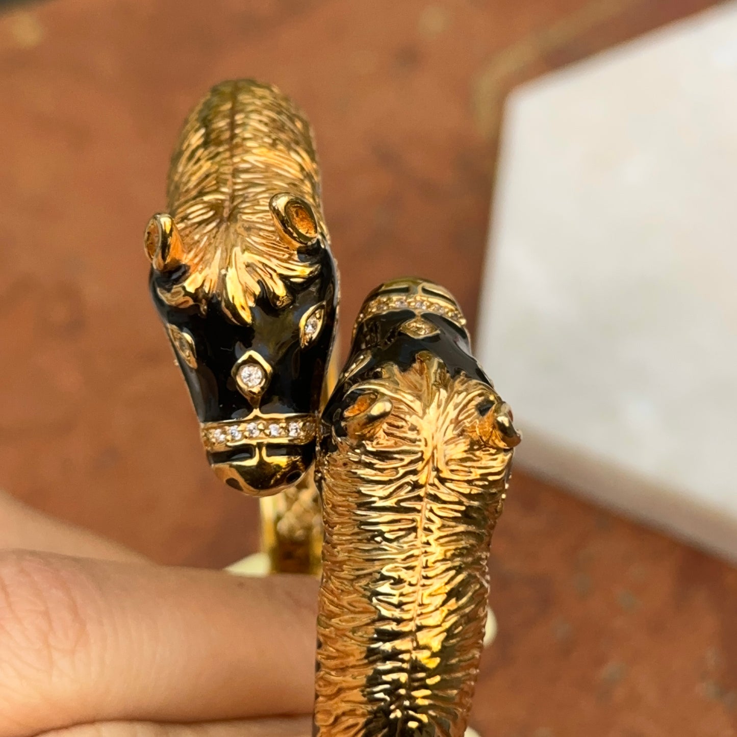 Estate Gold-Tone Black Enamel Double Horse Head Bracelet - LSJ