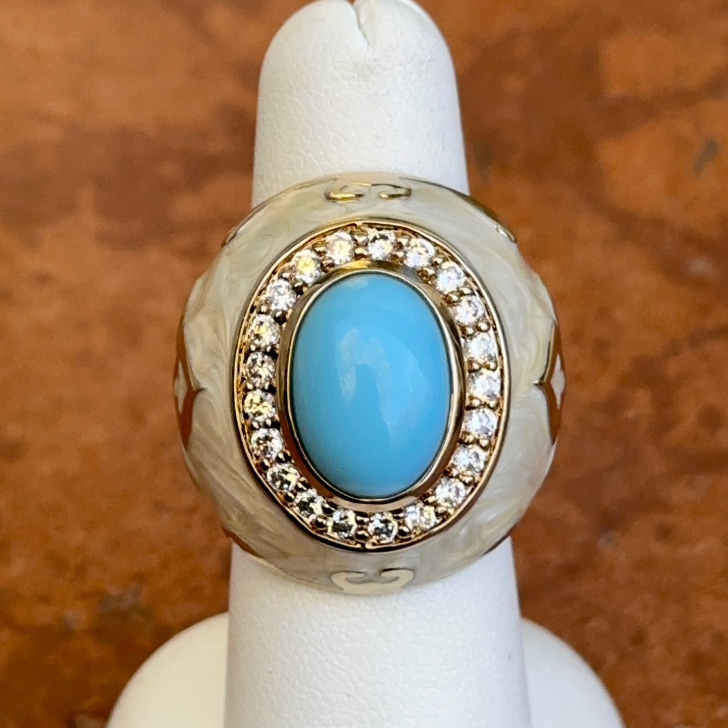 18K Yellow Gold-Plated Brass Oval Turquoise + Round CZ Beige Marbled Enamel Ring