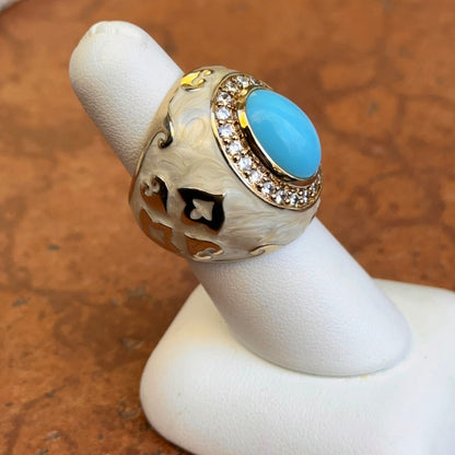 18K Yellow Gold-Plated Brass Oval Turquoise + Round CZ Beige Marbled Enamel Ring