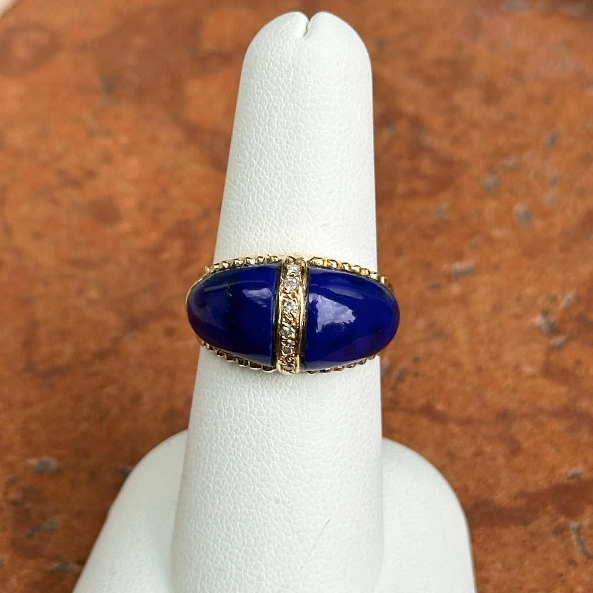 Estate 18KT Yellow Gold Lapis + Diamond Domed Ring