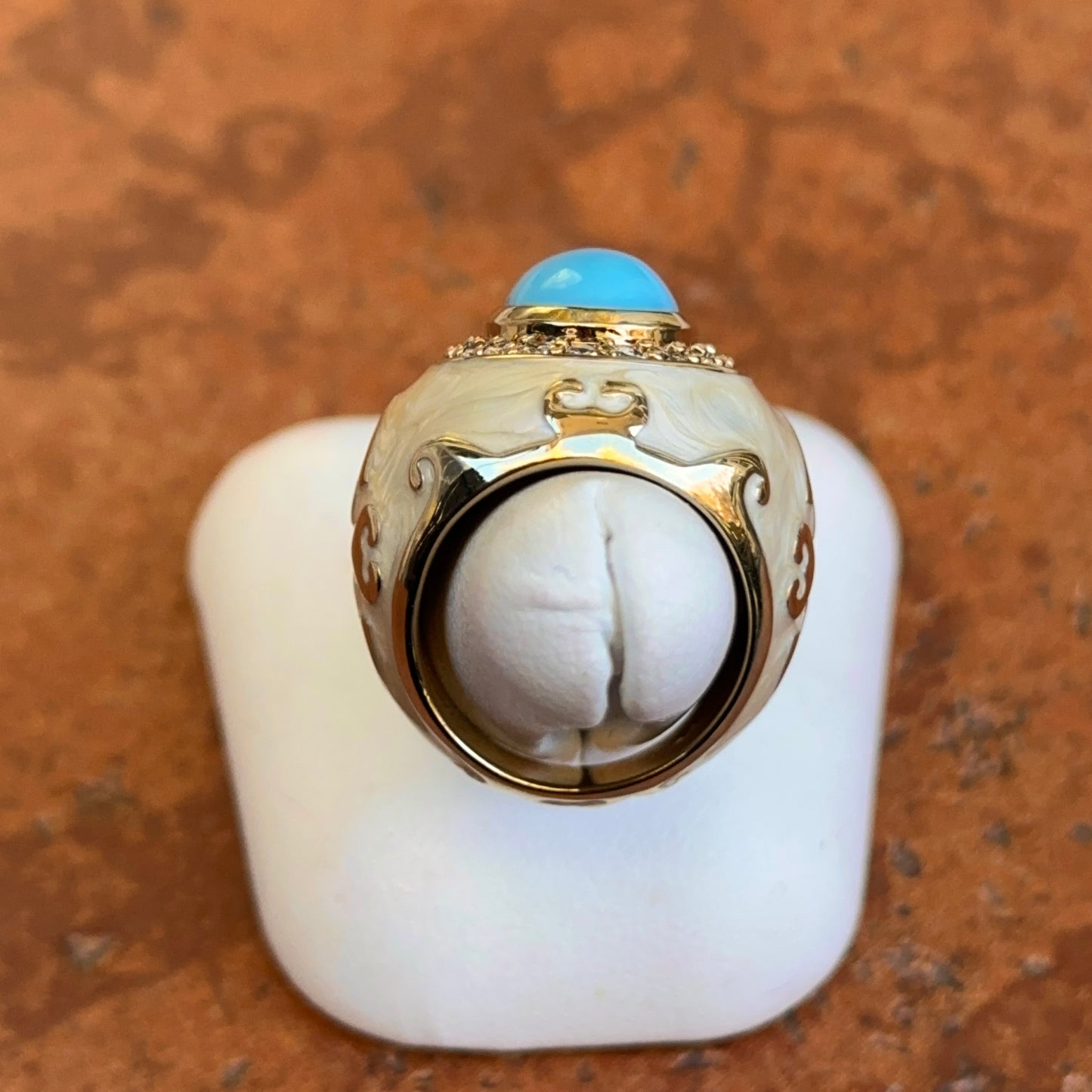 18K Yellow Gold-Plated Brass Oval Turquoise + Round CZ Beige Marbled Enamel Ring