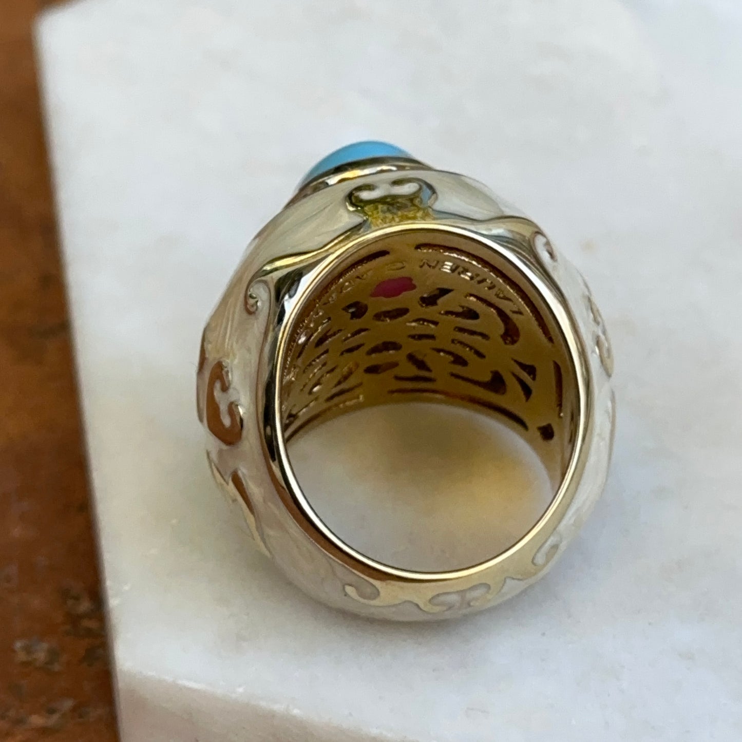 18K Yellow Gold-Plated Brass Oval Turquoise + Round CZ Beige Marbled Enamel Ring