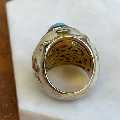 18K Yellow Gold-Plated Brass Oval Turquoise + Round CZ Beige Marbled Enamel Ring