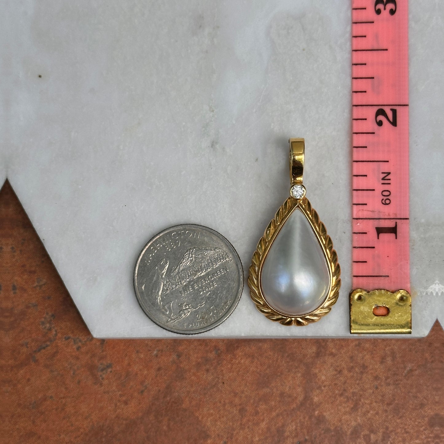 Estate 14KT Yellow Gold Pear Mabe Blister Pearl + Diamond Omega Enhancer Pendant