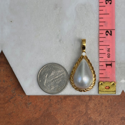 Estate 14KT Yellow Gold Pear Mabe Blister Pearl + Diamond Omega Enhancer Pendant